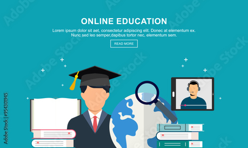 Flat education, distance tutor, mobile education, e-learning concept. Vector icon banners template