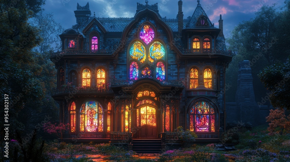 Victorian-style villa with stained glass windows glowing with an eerie, supernatural light. Victorian-style villa with stained glass windows glowing with an eerie, supernatural light.