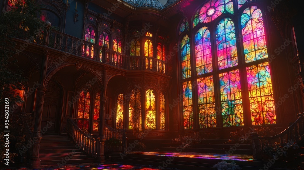 Victorian-style villa with stained glass windows glowing with an eerie, supernatural light, casting colorful patterns across the facade. Victorian-style villa with stained glass windows glowing with an eerie, supernatural light, casting colorful patterns across the facade.