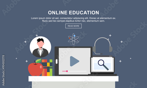 Flat education, distance tutor, mobile education, e-learning concept. Vector icon banners template