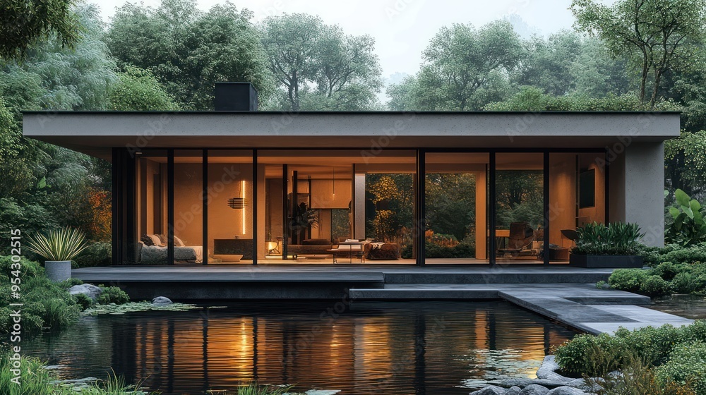 Modern house surrounded by greenery and a serene pond. Modern house surrounded by greenery and a serene pond.