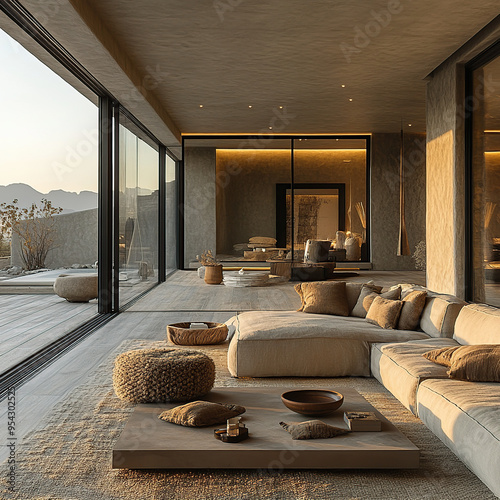 Modern living room with large windows overlooking a desert landscape. The room is decorated in a minimalist style with a large sectional sofa, a coffee table, and a few throw pillows.  photo