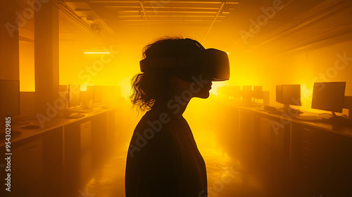 Woman with VR headset stand...