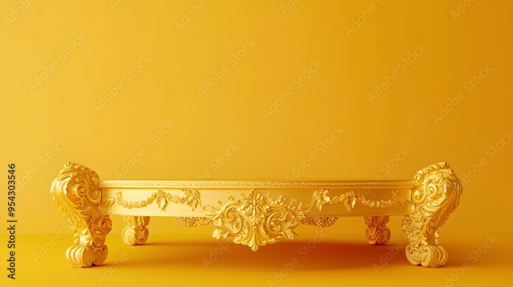 Fototapeta premium Gilded Ornate Podium Awaiting Its Moment of Grandeur on a Mustard Yellow Backdrop