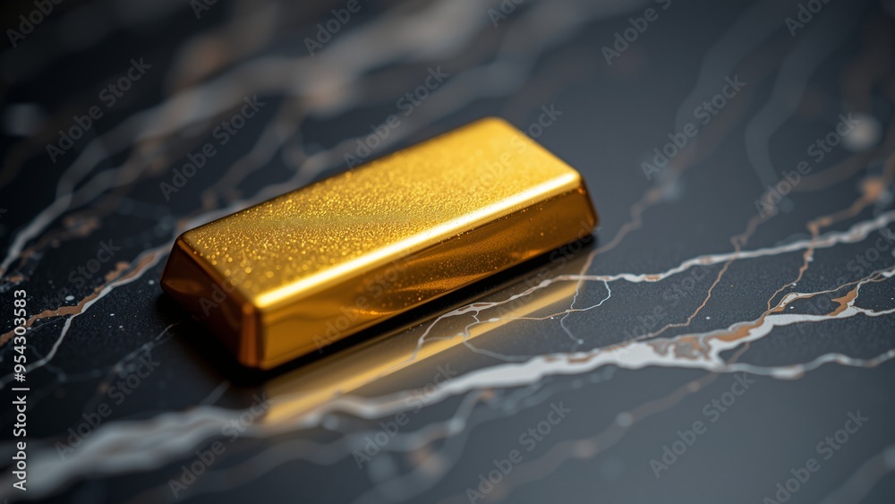 Gleaming Gold Bar on Luxurious Marble, A gleaming gold bar rests atop a textured marble surface, capturing the essence of luxury and opulence. The shiny metal reflects light. Gleaming Gold Bar on Luxurious Marble, A gleaming gold bar rests atop a textured marble surface, capturing the essence of luxury and opulence. The shiny metal reflects light.