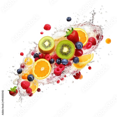 Falling on mix fruit slice's with mix fruit juice splash isolated on a white background