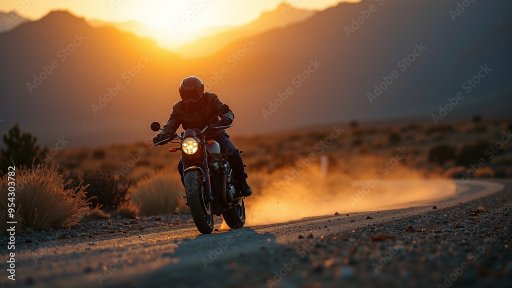 Sunset Motorcycle Ride on Dusty Road, A lone motorcyclist rides down a dirt road at sunset. Warm golden light illuminates dust kicked up by the motorcycle, creating a sense of speed and adventure. Sunset Motorcycle Ride on Dusty Road, A lone motorcyclist rides down a dirt road at sunset. Warm golden light illuminates dust kicked up by the motorcycle, creating a sense of speed and adventure.