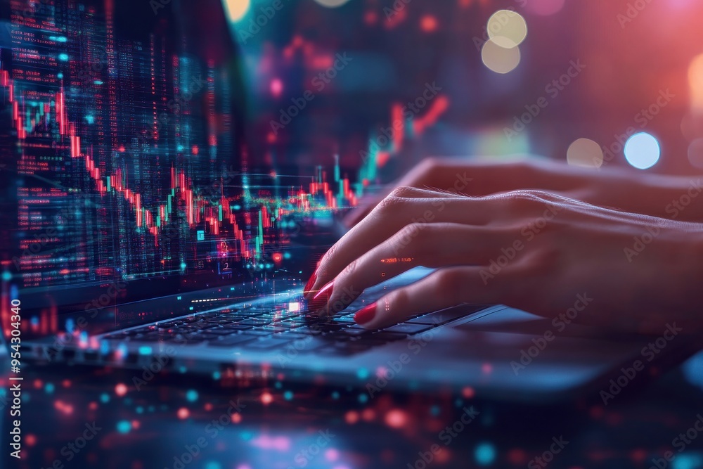 Woman Typing on Laptop with Stock Market Data Displayed Woman Typing on Laptop with Stock Market Data Displayed