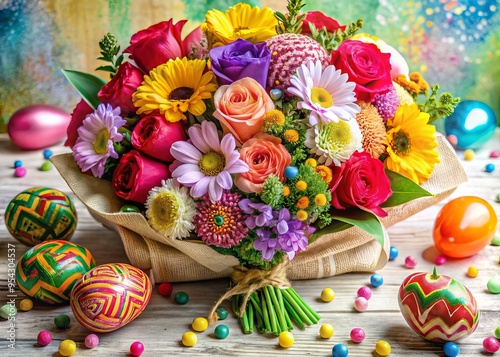 Vibrant bouquet of colorful flowers, wrapped in traditional embroidered cloth, surrounded by festive balloons and photo