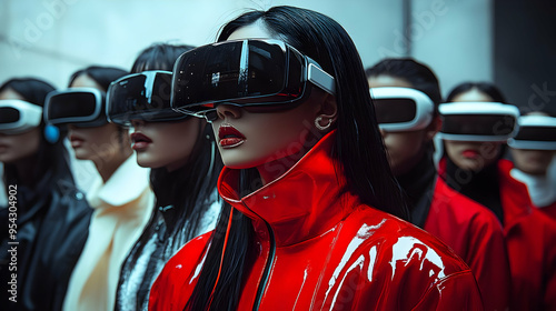 Women wearing VR headsets i...