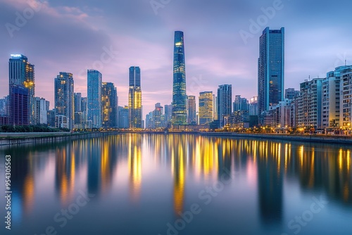 Stunning city skyline at dusk, showcasing modern skyscrapers and vibrant reflections on the water surface.