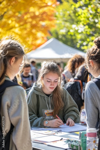 A lively student club fair on campus, with students eagerly signing up for different activities. The scene is filled with energy and the sounds of conversations