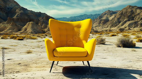 Yellow armchair in a desert landscape. photo