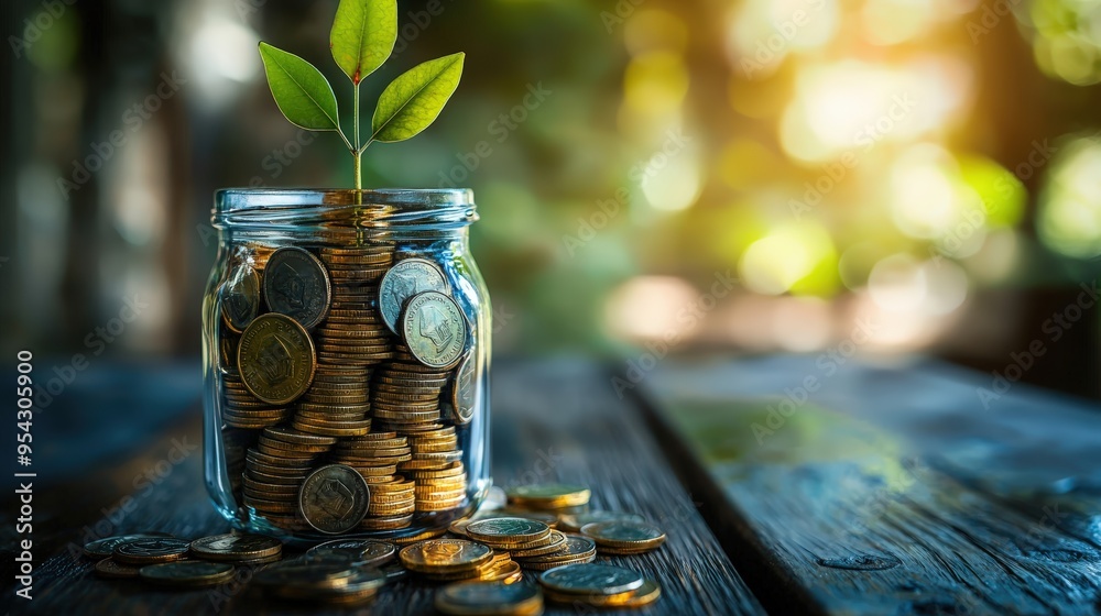 Coins in a jar with a plant Coins in a jar with a plant