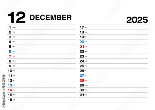 スケジュールが書き込める2025年12月のカレンダー