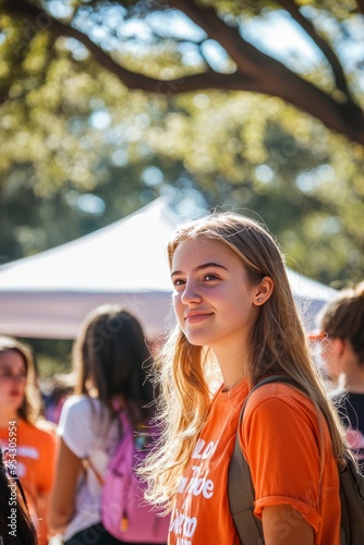 Students are gathered at a club fair on campus, talking to club members and collecting information. The event is a vibrant display of campus life