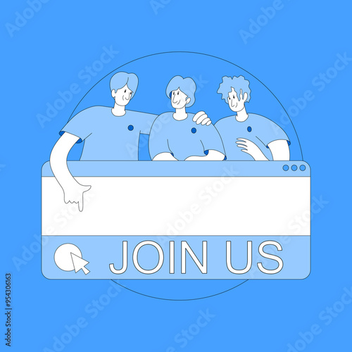 Two people are hugging shoulders and inviting another person to join by clicking on the website, in a flat design style.