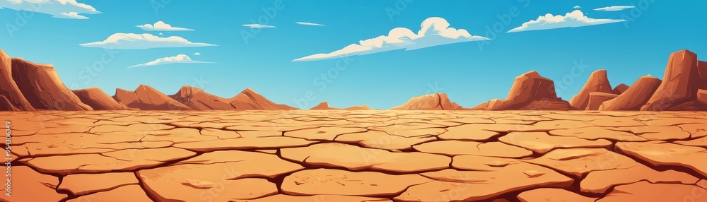 Naklejka premium Cracked Desert Landscape with Mountains and Blue Sky