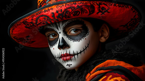 Young boy with Day of the Dead makeup, wearing a red and black hat, looking to the side. photo