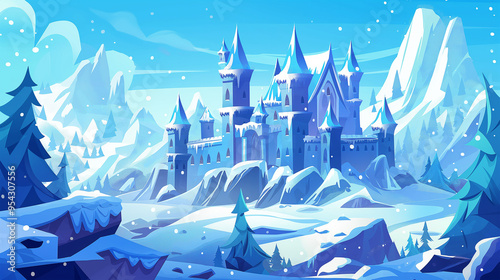 Wallpaper Mural The Winter mountain landscape with medieval castle, game background, Illustration Torontodigital.ca