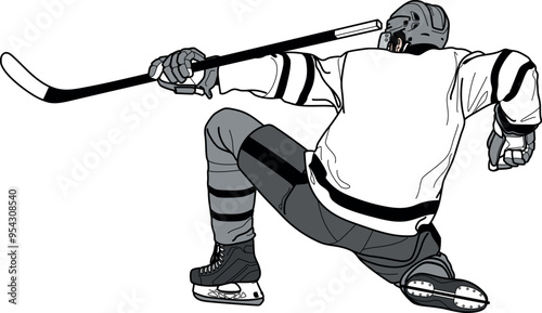HOCKEY GOAL Celebration, Player's back, player from behind, figure, silhouette, score joy, detailed one line drawing illustration, outline, EPS vector file, clear background