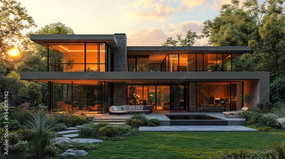 Modern house with large windows surrounded by lush greenery. Modern house with large windows surrounded by lush greenery.