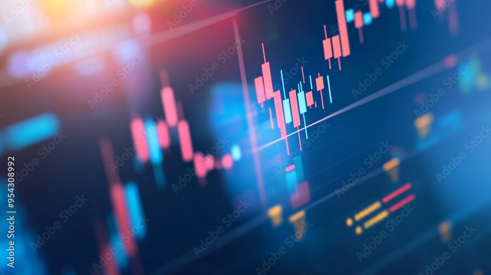 A financial chart with candlestick patterns and moving averages shown on a monitor A financial chart with candlestick patterns and moving averages shown on a monitor