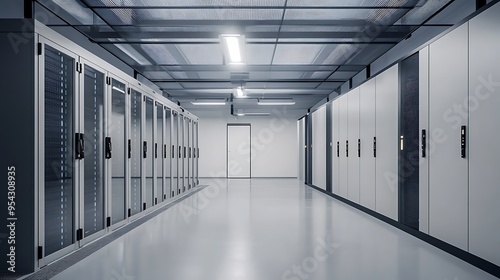 Fototapeta Naklejka Na Ścianę i Meble -  Server Room with Rows of Cabinets and a Door