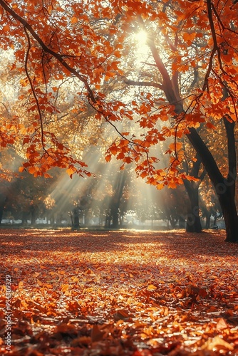 Beautiful autumn park with golden leaves and sun rays shining through the trees, serene and peaceful atmosphere.