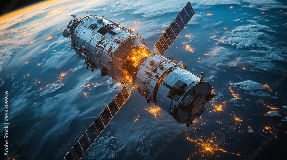 Fototapeta premium Space Station Orbiting Earth with City Lights at Night