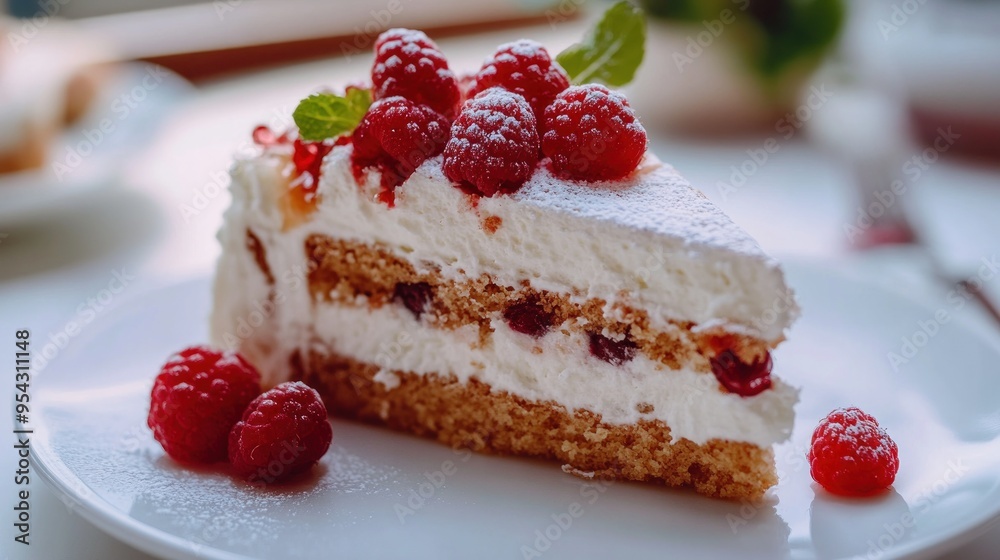 Slice of Cake with Raspberries and Powdered Sugar Slice of Cake with Raspberries and Powdered Sugar
