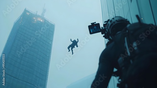 Daring Stuntman Leaps from Rooftop with Capturing the Fall in an Adrenaline Fueled Action Sequence photo