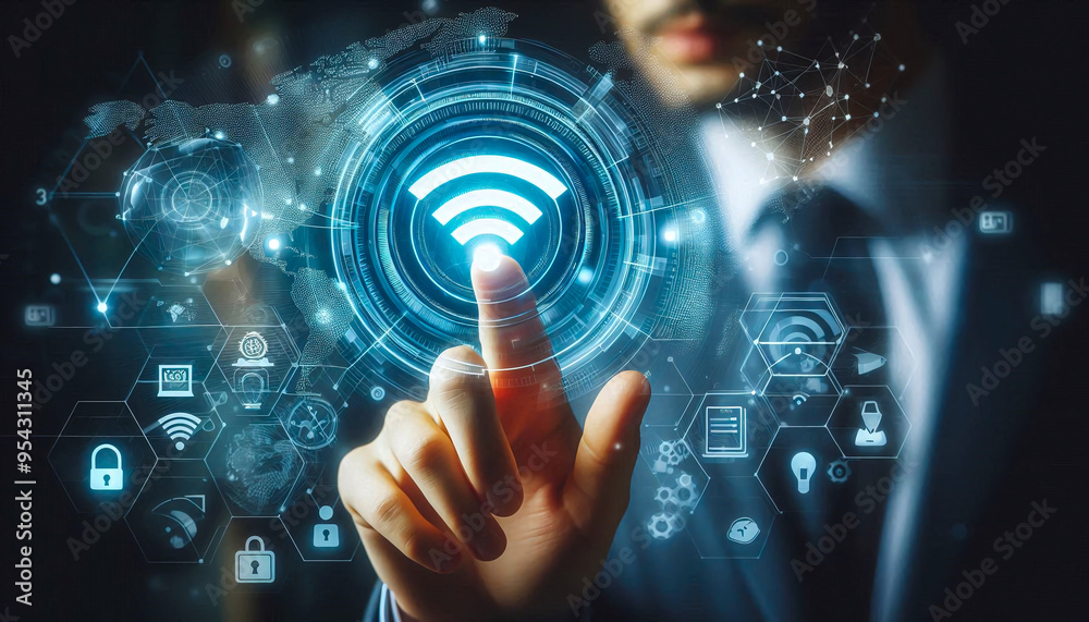 A man touching the digital wifi icon on virtual screen an popup on screen, A man touching the digital wifi icon on virtual screen an popup on screen,