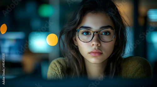 Young woman wearing glasses looks intensely at the camera. photo