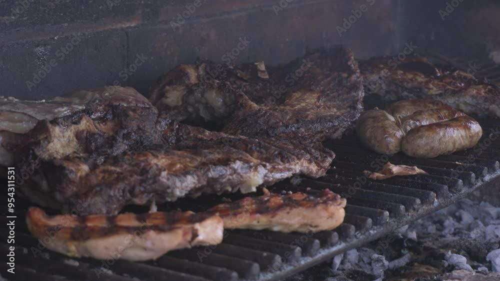 Asado argentino de carne cocinándose en parrilla encendida Asado argentino de carne cocinándose en parrilla encendida