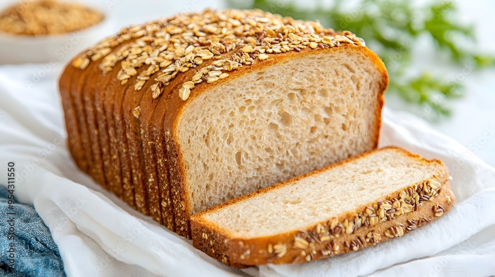 Elegantly Arranged Whole Wheat Bread with Grains on Linen Cloth Elegantly Arranged Whole Wheat Bread with Grains on Linen Cloth