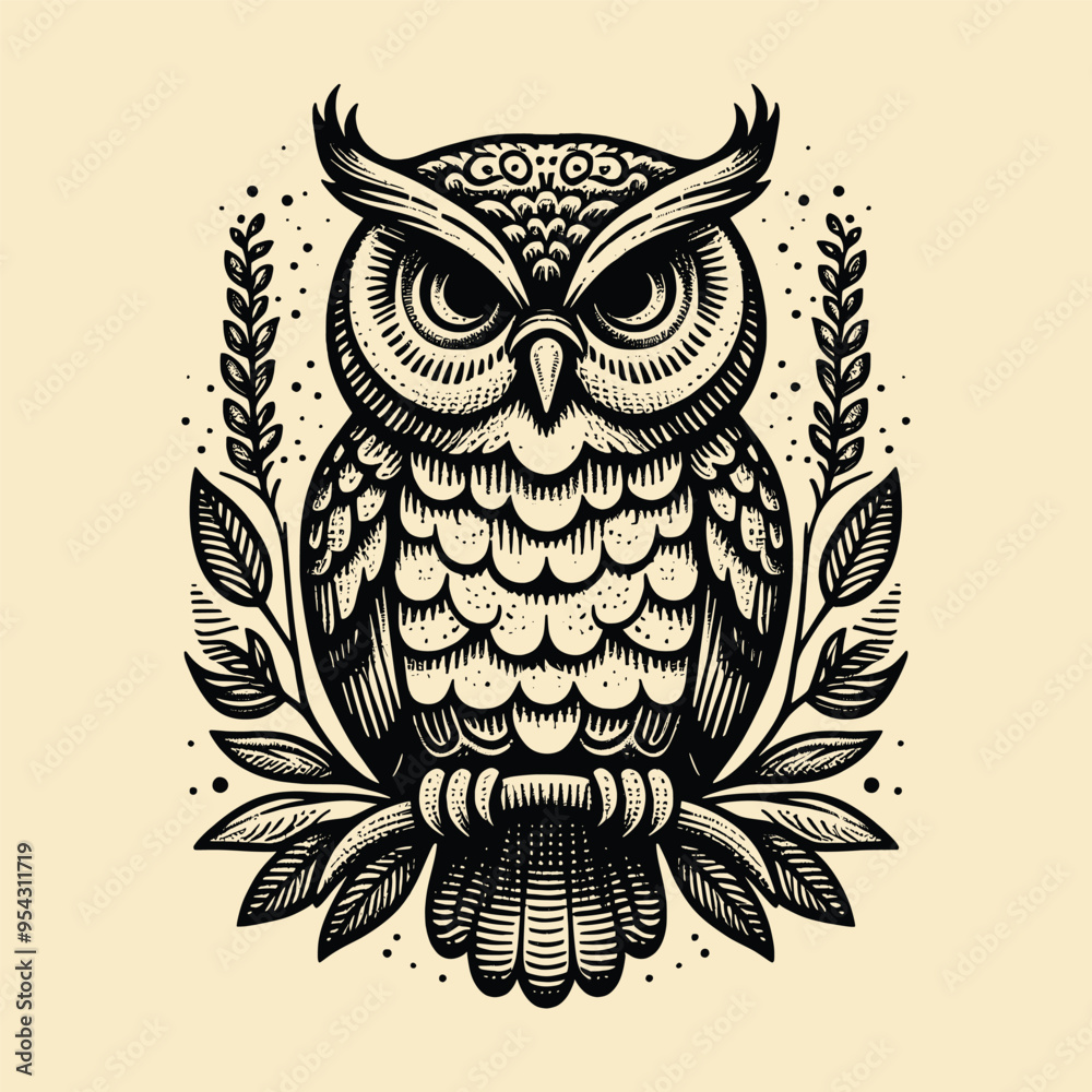 Naklejka premium owl with old engraving vector style. owl vector illustration retro vintage handwriten style