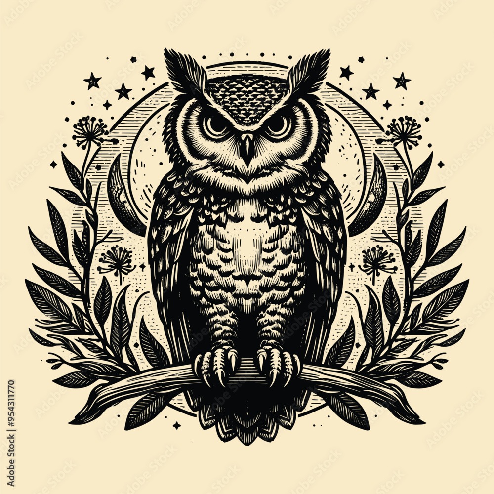 Fototapeta premium owl with old engraving vector style. owl vector illustration retro vintage handwriten style