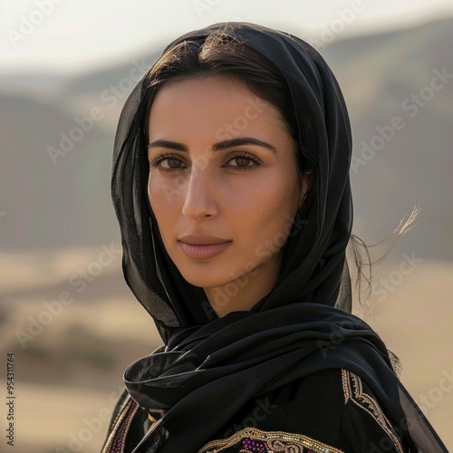 Portrait of a young woman wearing a hijab looking at the camera in the desert. AI generated images photo