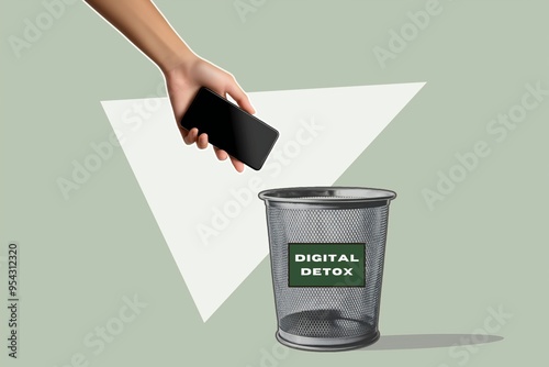 Digital detox illustrated with a hand throwing a phone to trash can, digital addiction concept photo