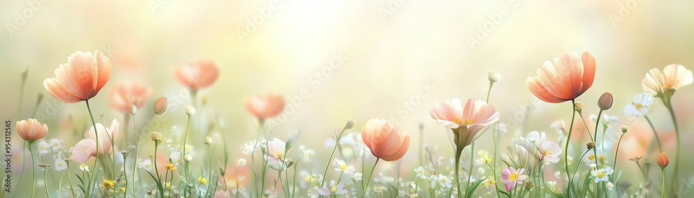 Fototapeta premium Soft Pastel Flower Field with Sunshine