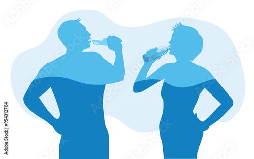 Young athletic man and woman engaged in healthy lifestyle during morning warm-up and workout on roof of modern building. Athletic sporty man and fit woman drinking water after jogging outdoors. vector