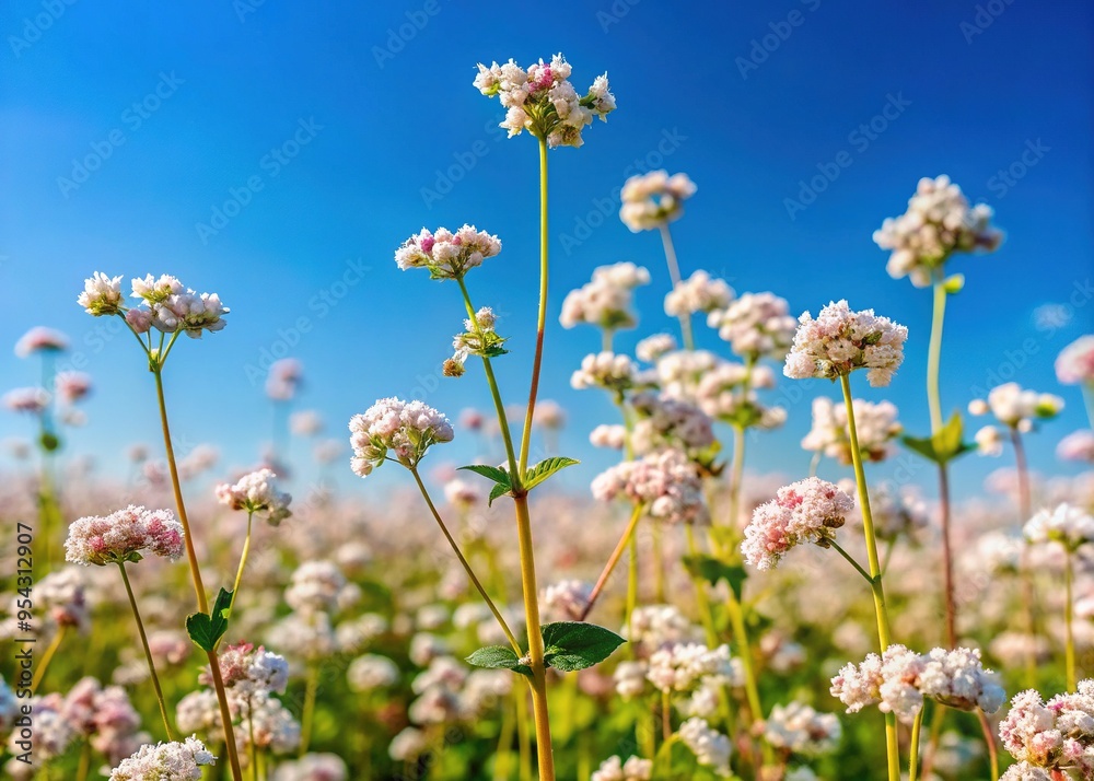 Buckwheat flowers bloom in shades of white and pink, swaying gently in the breeze, against a clear blue sky, in a rural summer landscape. Buckwheat flowers bloom in shades of white and pink, swaying gently in the breeze, against a clear blue sky, in a rural summer landscape.