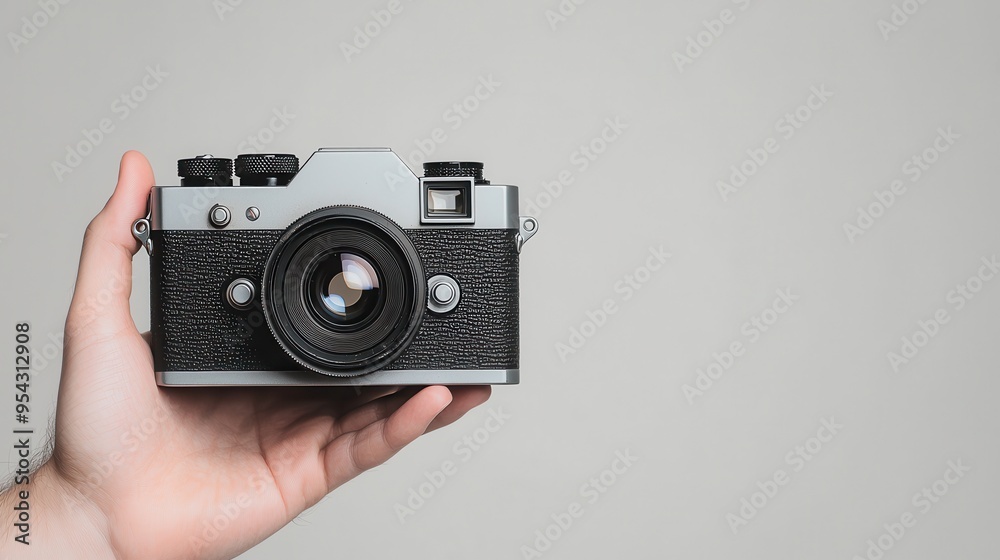 A person is holding a camera with a black lens A person is holding a camera with a black lens