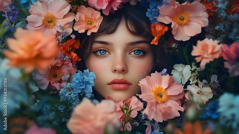 Young woman's face surrounded by a beautiful bouquet of pink and blue flowers. Young woman's face surrounded by a beautiful bouquet of pink and blue flowers.