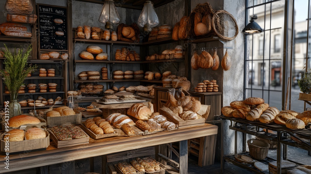 A rustic bakery atmosphere with 3D-rendered hand-crafted organic bread and pastries on display A rustic bakery atmosphere with 3D-rendered hand-crafted organic bread and pastries on display