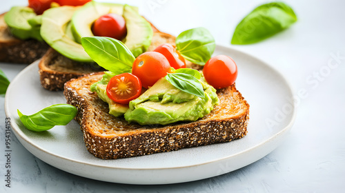 Whole grain toast topped with smashed avocado and cherry tomatoes photo