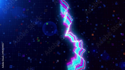 Motion view of Liechtenstein map outlined with neon lines, dynamically glowing on a futuristic grid background with colorful, abstract HUD squares creating a digital 3D effect. photo