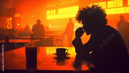 Silhouette of a Man Sitting Alone at a Table with a Cup of Coffee