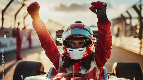 A victorious race car driver in a red suit and helmet raises both arms in celebration while sitting in the car on the track, with the pit crew visible in the background under the warm glow of the sett